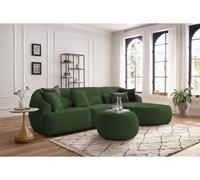 Canapé d'angle fixe ALESIA tissu bouclette avec pouf vert angle droit BOBOCHIC 4 places Angle droit Vert