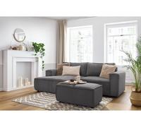 Canapé d'angle fixe compact NIHAD velours côtelé avec pouf gris foncé angle gauche BOBOCHIC 3 places Angle gauche Gris foncé
