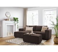 Canapé d'angle fixe compact NIHAD velours côtelé avec pouf marron angle gauche BOBOCHIC 3 places Angle gauche Marron