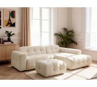 Canapé d'angle fixe LAURA tissu chiné avec petit pouf beige angle droit BOBOCHIC 3 places Angle droit Beige