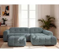 Canapé d'angle fixe LAURA tissu chiné avec petit pouf bleu angle droit BOBOCHIC 3 places Angle droit Bleu