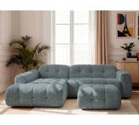 Canapé d'angle fixe LAURA tissu chiné avec petit pouf bleu angle gauche BOBOCHIC 3 places Angle gauche Bleu