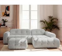 Canapé d'angle fixe LAURA tissu chiné avec petit pouf gris clair angle droit BOBOCHIC 3 places Angle droit Gris clair