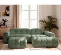 Canapé d'angle fixe LAURA tissu chiné avec petit pouf vert clair angle droit BOBOCHIC 3 places Angle droit Vert clair