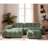 Canapé d'angle fixe LAURA tissu chiné avec petit pouf vert clair angle gauche BOBOCHIC 3 places Angle gauche Vert clair