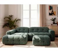 Canapé d'angle fixe LAURA tissu chiné avec petit pouf vert foncé angle gauche BOBOCHIC 3 places Angle gauche Vert foncé