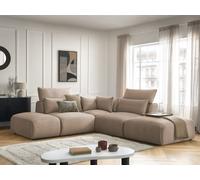 Canapé d'angle fixe modulable avec têtières JANA tissu velours avec 2 chauffeuses, 1 angle et 2 poufs taupe réversible BOBOCHIC 5 places Réversible Taupe