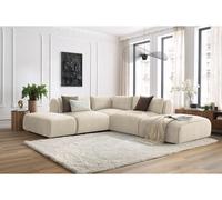 Canapé d'angle fixe modulable JEANNE tissu velours avec 2 chauffeuses, 1 angle et 2 poufs beige réversible BOBOCHIC 5 places Réversible Beige
