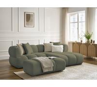 Canapé d'angle fixe PAMIRA tissu bouclette avec pouf vert angle droit BOBOCHIC 4 places Angle droit Vert
