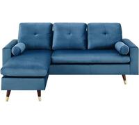 Canapé d'angle fixe réversible - 3 places - Tissu bleu - Pieds bois et doré - L 194 x P 139 x H 83 - NEW YORK