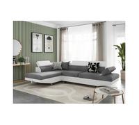 Canapé d'angle gauche 5 places RIO convertible avec coffre en tissu et simili - Blanc/Gris - L271 x P192 x H70cm - LOUNGITUDE