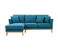 Canapé d'angle gauche scandinave bleu canard déhoussable et bois clair 3-4 places OSLO