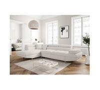 Canapé d'angle gauche convertible RIO Scandinave avec coffre en tissu bouclette- Blanc, Pied bois - L271 x P192 x H70cm - LOUNGITUDE