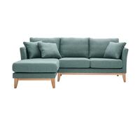 Canapé d'angle gauche déhoussable scandinave en tissu vert de gris et bois clair 3-4 places OSLO