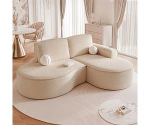 Canapé d'angle Gauche SOFIA - 3 places - Canapé Arrondi Tissus Amovibles - Tissu Bouclé texturé - Crème