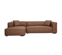 Canapé d'angle gauche vintage 4-5 places en cuir marron et bois noir COBAIN
