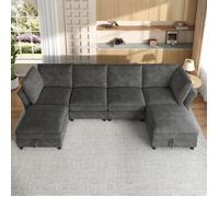 Canapé d'angle - KOMHTOM - Modèle Nuage - 6 places - Tissu chenille gris - Coffre & pouf de rangement