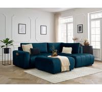 Canapé d'angle L convertible coffre ARSENE tissu velours avec pouf bleu angle droit BOBOCHIC 4 places Angle droit Bleu
