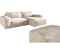 Canapé d'angle Lanzo XL Velours côtelé Beige 270x180 cm Recamière Variable avec Tabouret