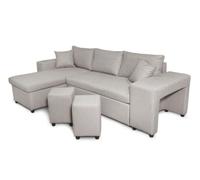 Canapé D'angle Mady Convertible Avec Coffre, Accoudoir Étagère Et Poufs En Tissu - Beige, Position Du Rangement Poufs - Droit Beige