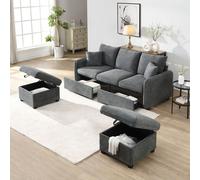 Canapé d'angle Merax en forme de U avec fonction sommeil et espace de rangement, ensemble de 3 places avec 2 poufs - Tissu chenille, structure métallique, modulable, Grua