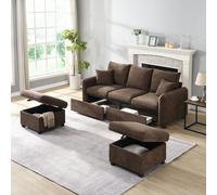 Canapé d'angle Merax en forme de U avec fonction sommeil et espace de rangement, ensemble de 3 places avec 2 poufs - tissu chenille, structure métallique, modulable, marron