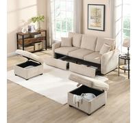 Canapé d'angle Merax en forme de U avec fonction sommeil et espace de rangement, ensemble de 3 places avec 2 poufs - tissu chenille, structure métallique, modulable, beige