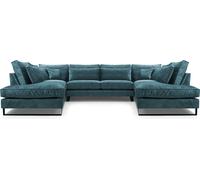 Canapé d'angle moderne CORBLACK Autoportant, Avec ressorts ondulés, Coussins de dos et pieds métalliques noirs élégants, Canapé-salon Pour s'asseoir, 103x407x224 cm Turquoise