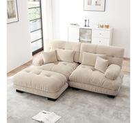 Canapé d'angle moderne de 220 cm, grand canapé convertible 2 places en L avec pouf pour salon, canapé d'angle modulable profond avec structure en bois massif, revêtement en tissu chenille, Café clair