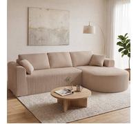 Canapé d'angle modulable 263 cm velours côtelé, convertible en lit, méridienne, coussins, poches, sans montage - Beige Droite