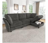 Canapé d'angle modulable 4 places avec pouf coffre et 2 coussins, accoudoirs ergonomiques, chenille gris - UVRION