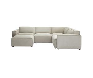 Canapé d'angle modulable 5 places et pouf en tissu effet velours texturé beige SPLIT