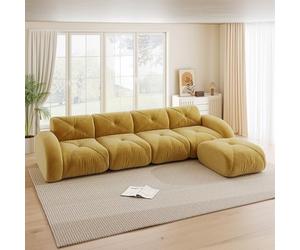 Canapé d'Angle Modulable en Chenille, Salon, Jaune, 4 Places avec Pouf