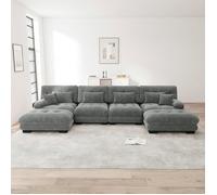 Canapé d'angle modulable - LANGTU - Modulaire en U 4 places - Chenille grise - Pouf amovible - Assise « nuage »