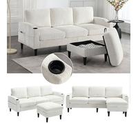 Canapé d'angle modulable réversible 4 places moderne-Chenille-avec pouf,coffre de rangement,accoudoirs,porte-boissons,poches,Beige