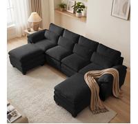 Canapé d'angle modulable super grande en forme U,coussin de siège nuage double couche, 2poufs amovible, Tissu en velours Teddy Noir