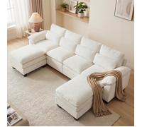 Canapé d'angle modulable super grande en forme U,coussin de siège nuage double couche, 2poufs amovible, Tissu en velours Teddy beige