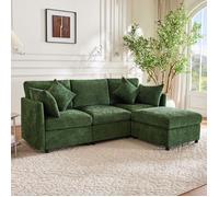 Canapé d'angle modulaire 3 à 4 places avec pouf mobile et 4 coussins - MEUNIQ - assise profonde chenille vert olive