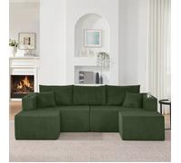 Canapé d'angle modulaire 3 places, avec porte-gobelets et poches de rangement, en velours côtelé, équipé d'un pouf mobile, vert
