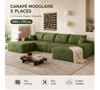 Canapé d'Angle Modulaire 340cm, Méridienne Gauche et Pouf, Velours Côtelé Vert, Mousse Sans Armature, Aucun Montage Requis