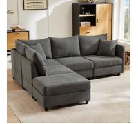 Canapé d'angle modulaire, 5 places, avec deux poufs convertibles en chaises longues, canapé moderne en L/U, coton et lin, gris