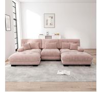 Canapé d'angle modulaire - Chenille rose - Convertible en canapé-lit - Ottoman inclus - Dimensions 313x145x81 cm