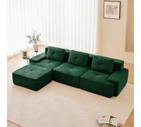 Canapé d'angle modulaire en forme de L avec tabouret ottoman, pour salon, avec confort et soutien du siège bas, sans montage, mousse 32D hautement élastique, sans boneless, vert, 3 places + 1
