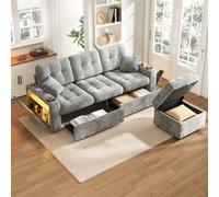 Canapé d'angle multifonction avec port USB-C,canapé 3 places relax,avec porte-gobelets, éclairage LED, compartiments latéraux, 2 tiroirs sur roulettes et pouf de rangement,en chenille (Gris foncé)