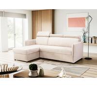 Canapé d'angle NOTTI convertible - Tétières mobiles - Coffre de rangement - Tissu velours cotelé beige - Angle réversible