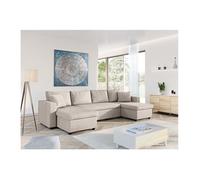 Canapé d'angle Panoramique 6 places MARIA convertible Avec 2 Coffres en tissu - Beige - L295 x P146 x H81cm - LOUNGITUDE