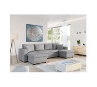 Canapé d'angle Panoramique 6 places MARIA convertible Avec 2 Coffres en tissu - Gris clair - L295 x P146 x H81cm - LOUNGITUDE