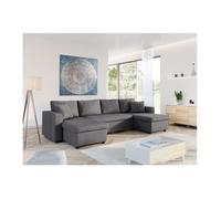 Canapé d'angle Panoramique 6 places MARIA convertible Avec 2 Coffres en tissu - Gris foncé - L295 x P146 x H81cm - LOUNGITUDE