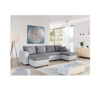Canapé d'angle Panoramique 6 places MARIA convertible en simili et microfibre - Blanc/Gris - L295 x P146 x H81cm - LOUNGITUDE