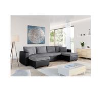 Canapé d'angle Panoramique 6 places MARIA convertible en simili et microfibre - Gris/Noir - L295 x P146 x H81cm - LOUNGITUDE